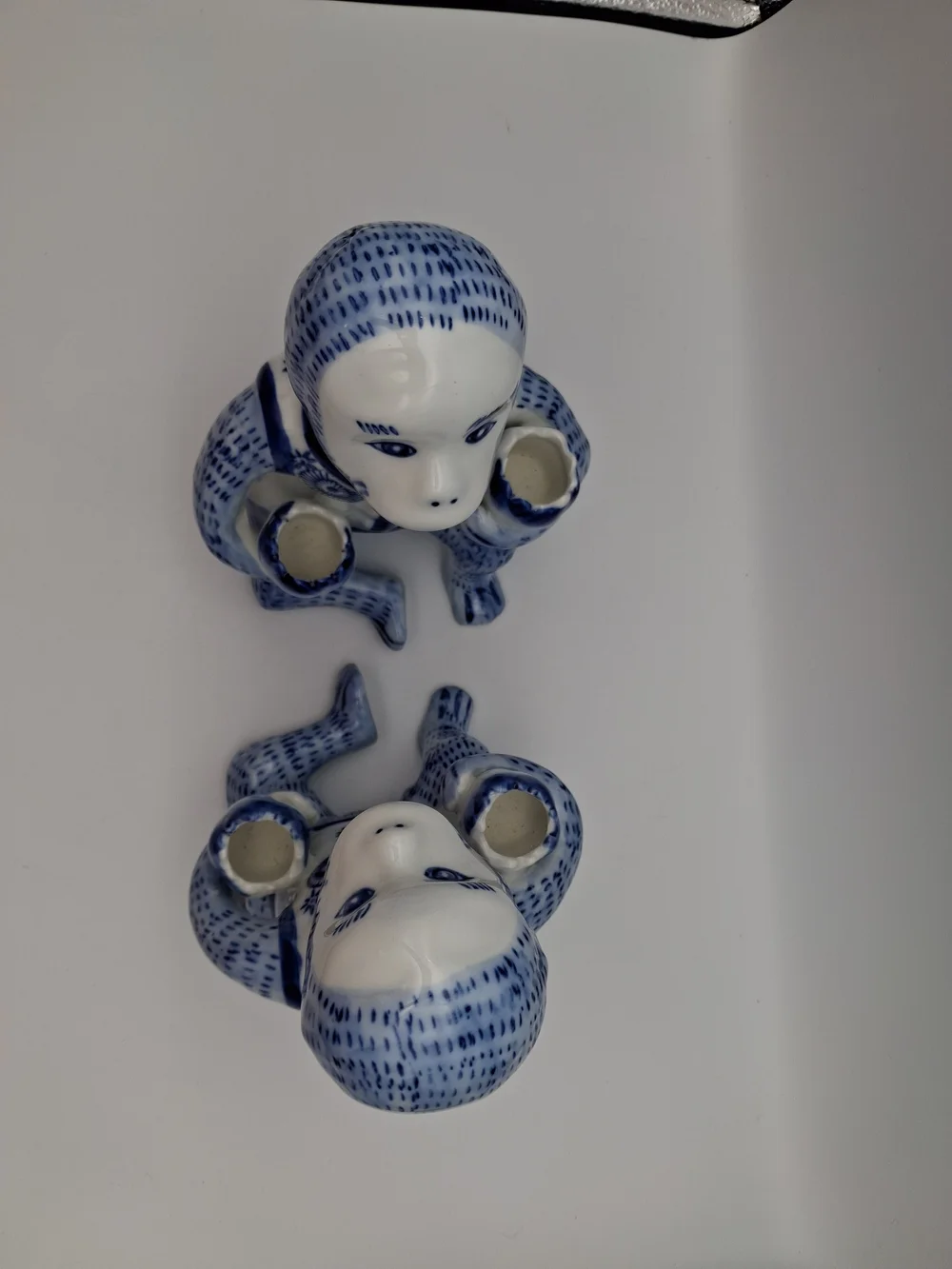 Blue and White Ceramic Monkey Candle Holder - Set of 2 - Signed